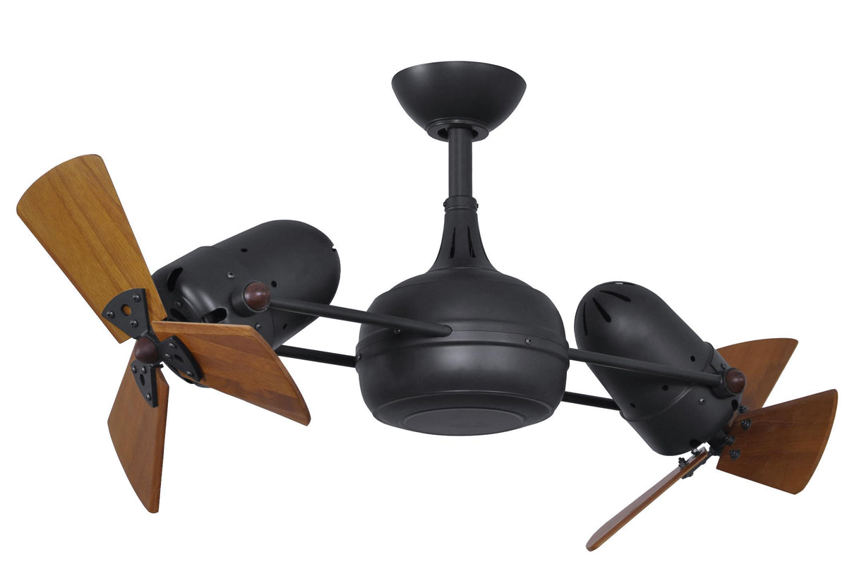 Matthews Fan DG-BK-WD Dagny 360° double-headed rotational ceiling fan in Matte Black finish with solid mahogany tone wood blades.