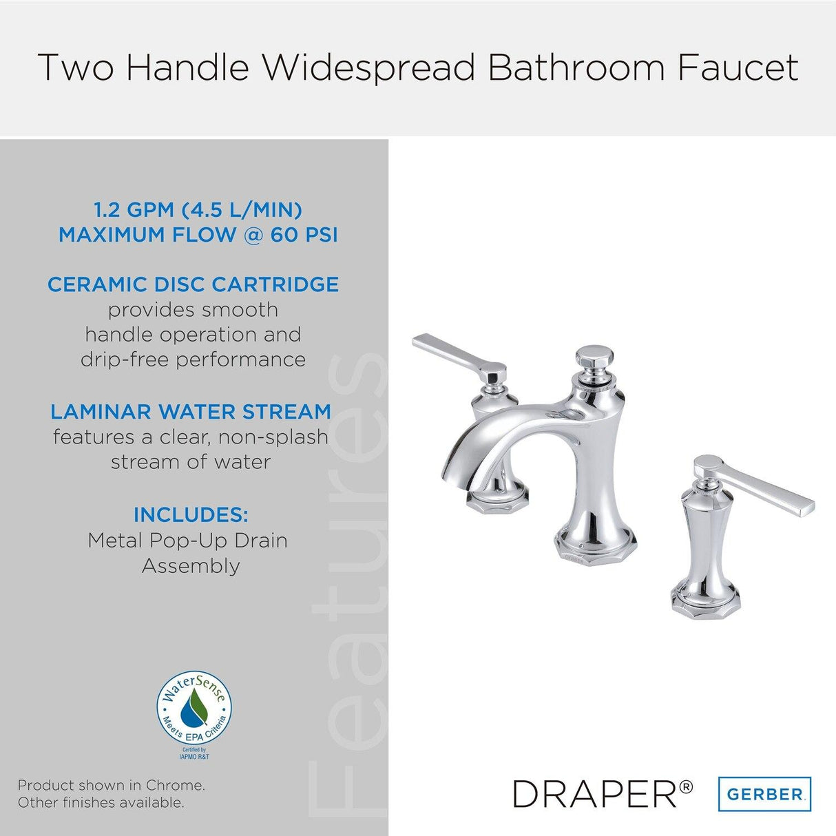 Gerber D304128 Chrome Draper Two Handle Widespread Lavatory Faucet