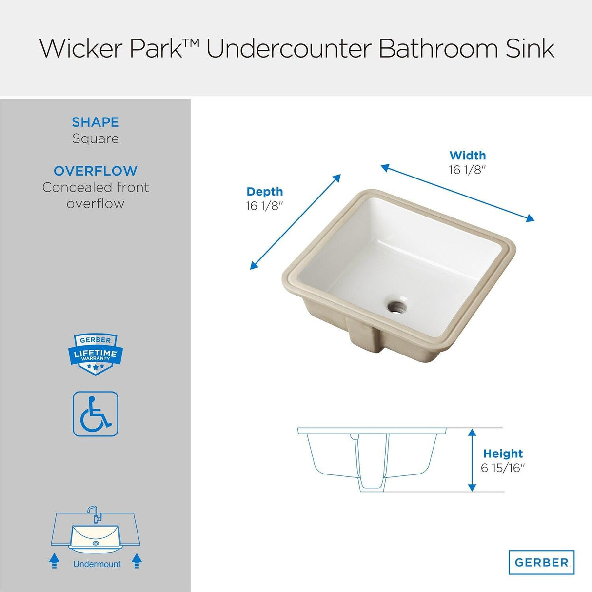 Gerber G0013710 White Wicker Park Square Undercounter Bathroom Sink