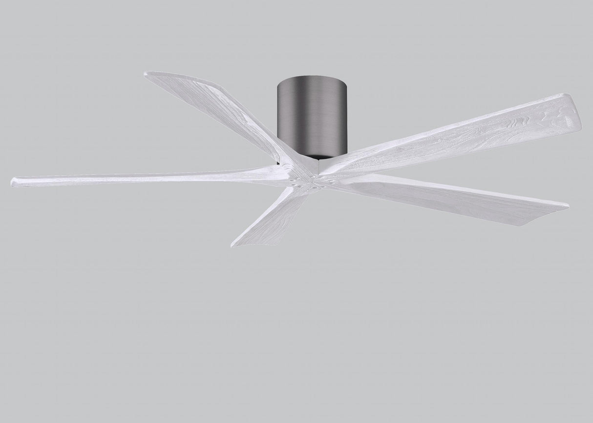 Matthews Fan IR5H-BP-MWH-60 Irene-5H five-blade flush mount paddle fan in Brushed Pewter finish with 60” solid matte white wood blades.