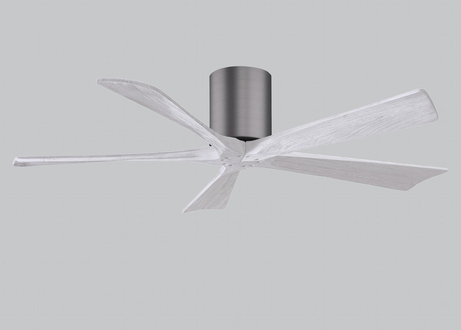 Matthews Fan IR5H-BP-MWH-52 Irene-5H five-blade flush mount paddle fan in Brushed Pewter finish with 52” solid matte white wood blades.