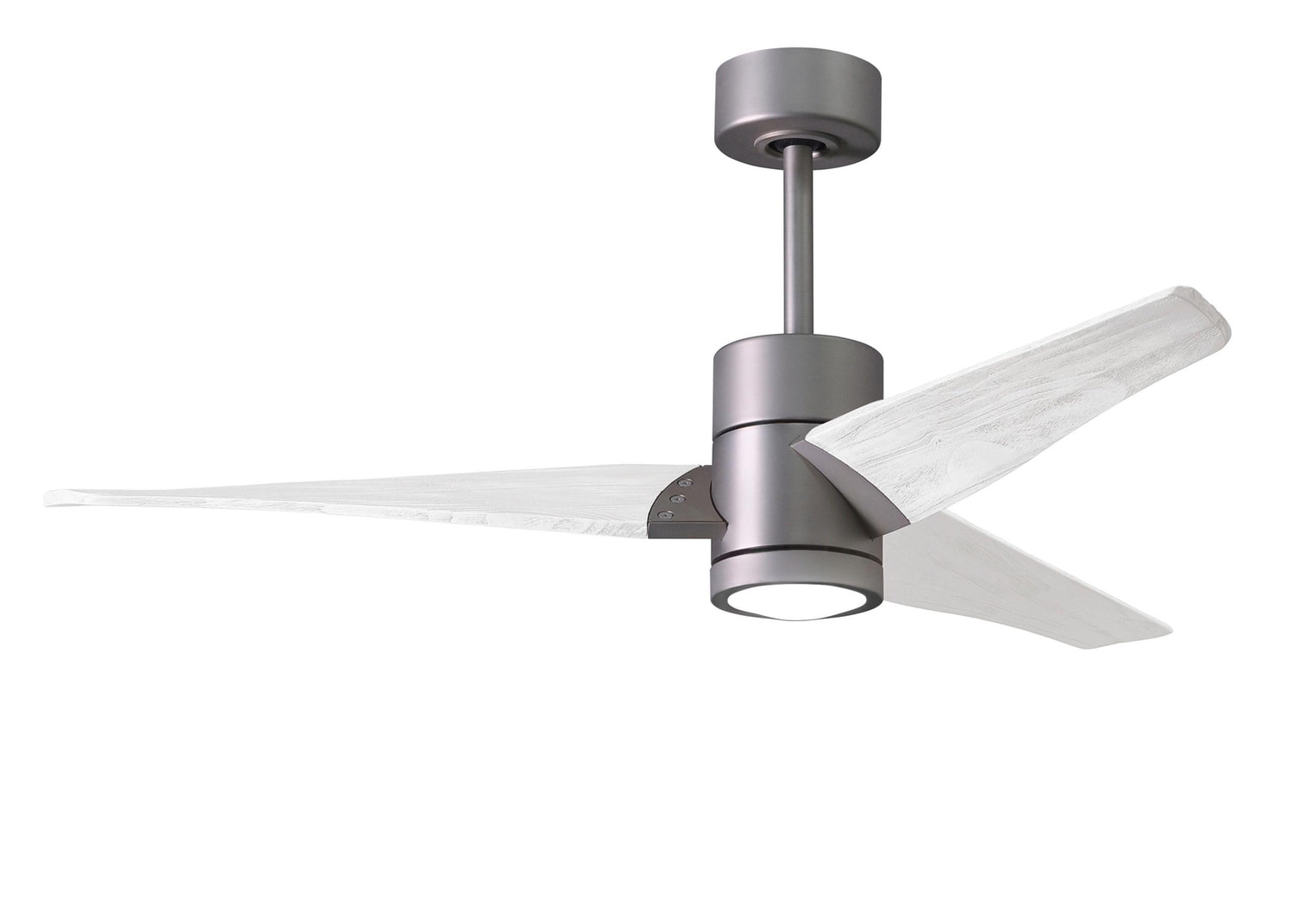 Matthews Fan SJ-BN-MWH-52 Super Janet three-blade ceiling fan in Brushed Nickel finish with 52” solid matte white wood blades and dimmable LED light kit