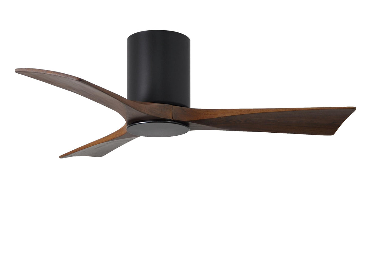 Matthews Fan IR3HLK-BK-WA-42 Irene-3HLK three-blade flush mount paddle fan in Matte Black finish with 42” solid walnut tone blades and integrated LED light kit.