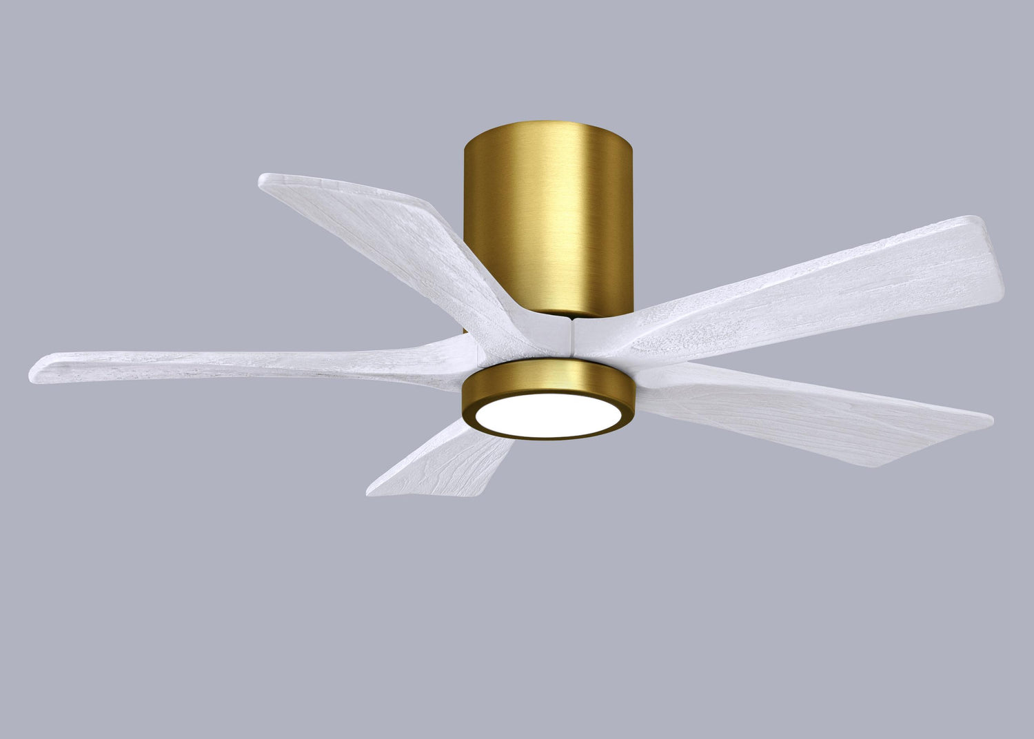 Matthews Fan IR5HLK-BRBR-MWH-42 IR5HLK five-blade flush mount paddle fan in Brushed Brass finish with 42” solid matte black wood blades and integrated LED light kit.