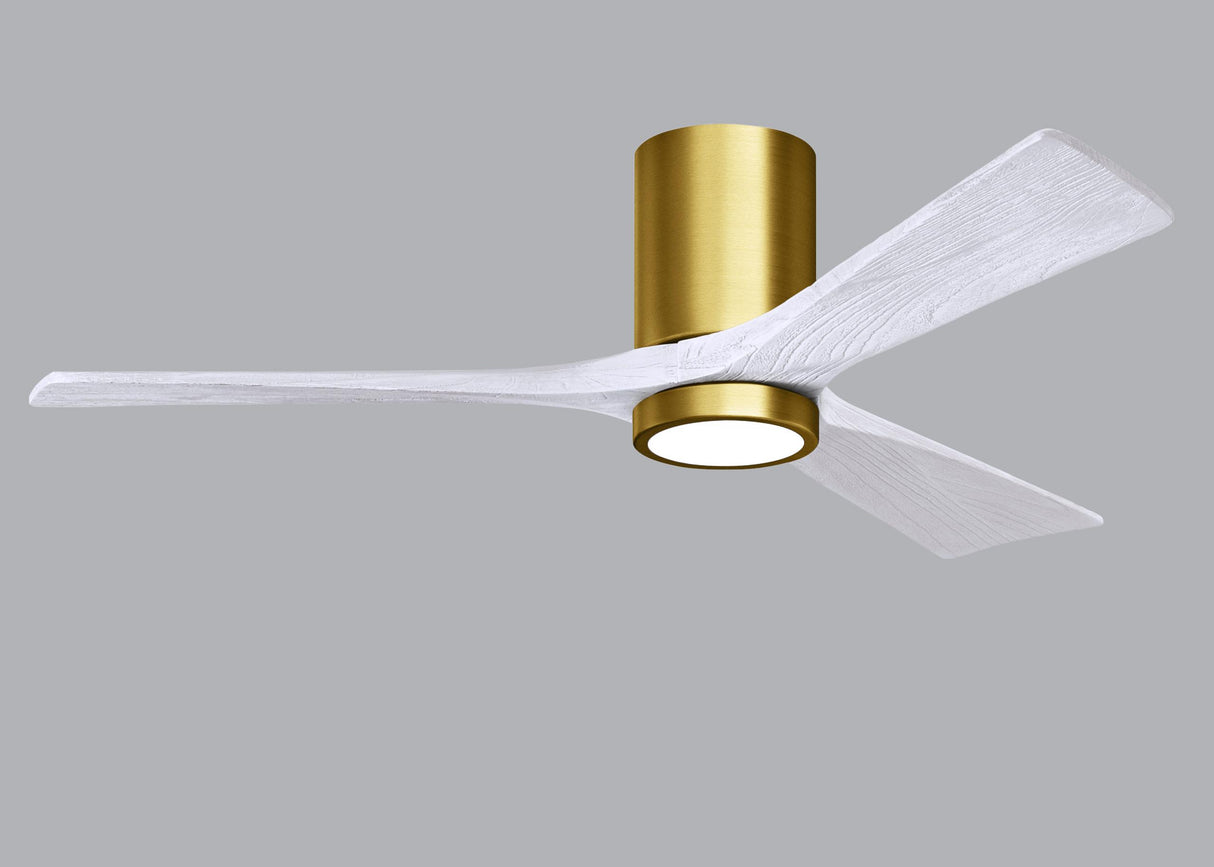 Matthews Fan IR3HLK-BRBR-MWH-52 Irene-3HLK three-blade flush mount paddle fan in Brushed Brass finish with 52” solid matte white wood blades and integrated LED light kit.
