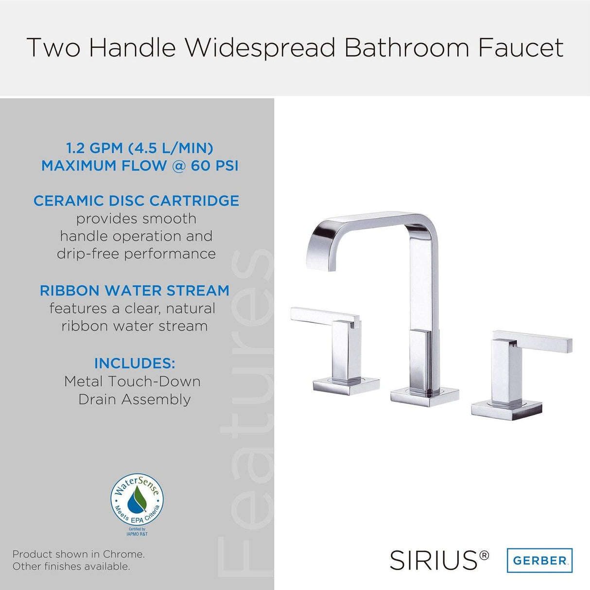 Gerber D304644 Chrome Sirius Two Handle Widespread Lavatory Faucet