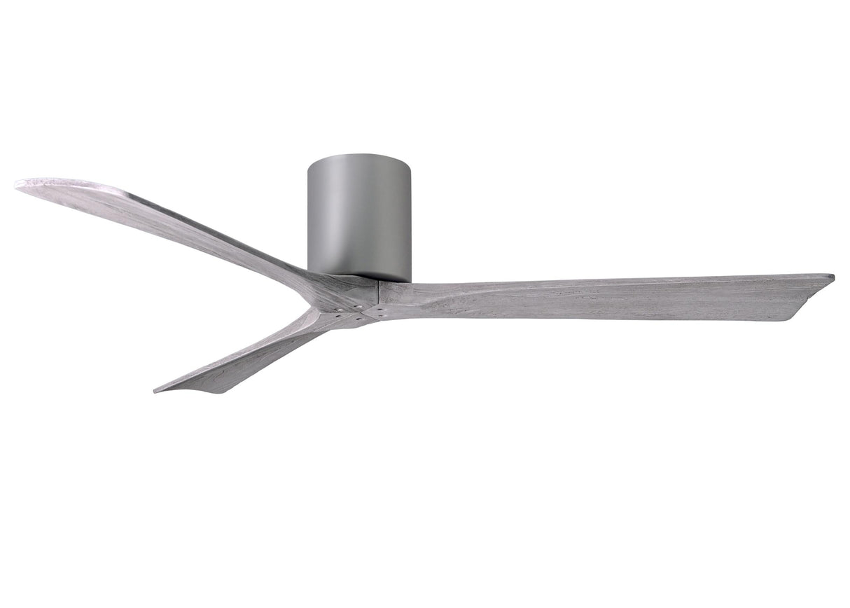 Matthews Fan IR3H-BN-BW-60 Irene-3H three-blade flush mount paddle fan in Brushed Nickel finish with 60” solid barn wood tone blades.