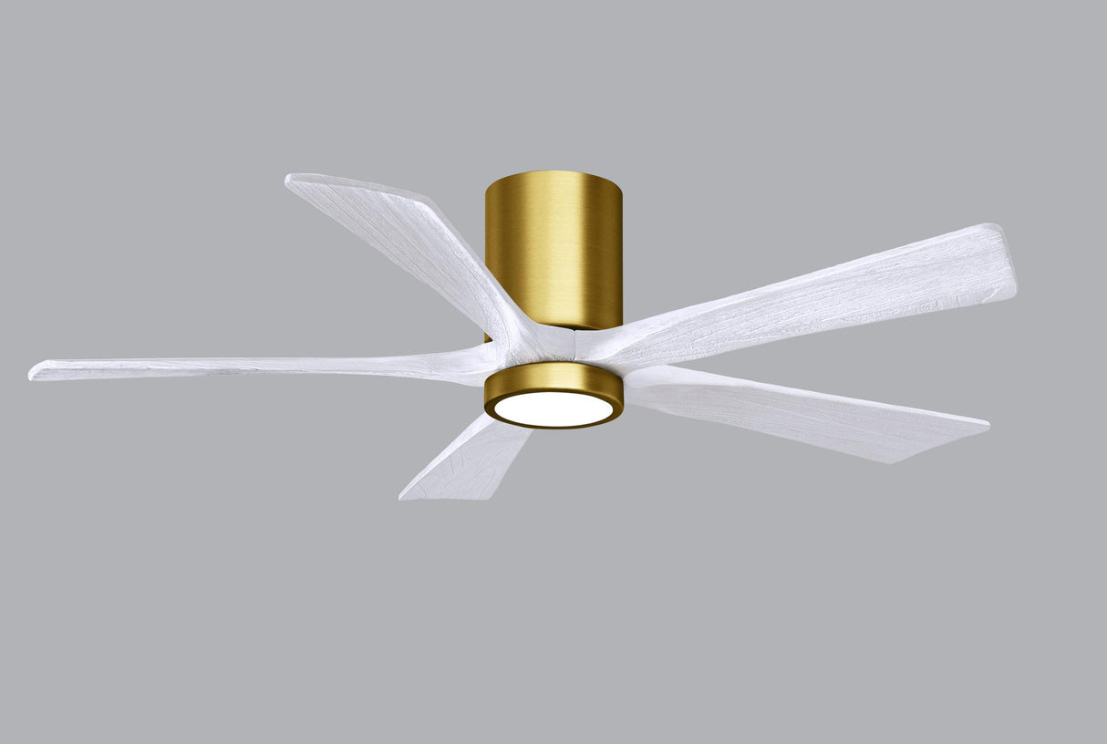 Matthews Fan IR5HLK-BRBR-MWH-52 IR5HLK five-blade flush mount paddle fan in Brushed Brass finish with 52” solid matte black wood blades and integrated LED light kit.