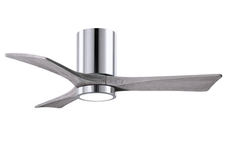Matthews Fan IR3HLK-CR-BW-42 Irene-3HLK three-blade flush mount paddle fan in Polished Chrome finish with 42” solid barn wood tone blades and integrated LED light kit.