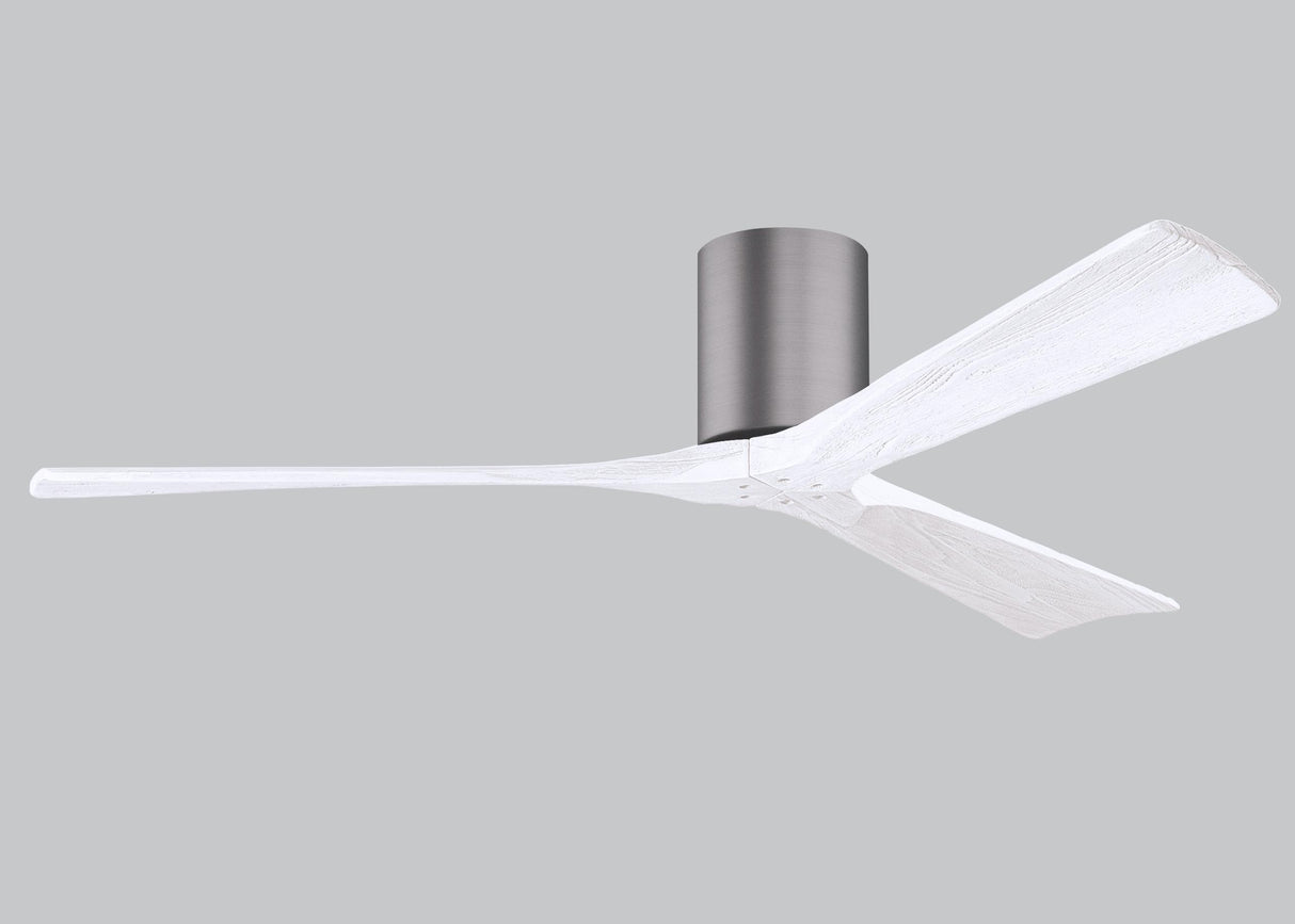 Matthews Fan IR3H-BP-MWH-60 Irene-3H three-blade flush mount paddle fan in Brushed Pewter finish with 60” solid matte white wood blades.