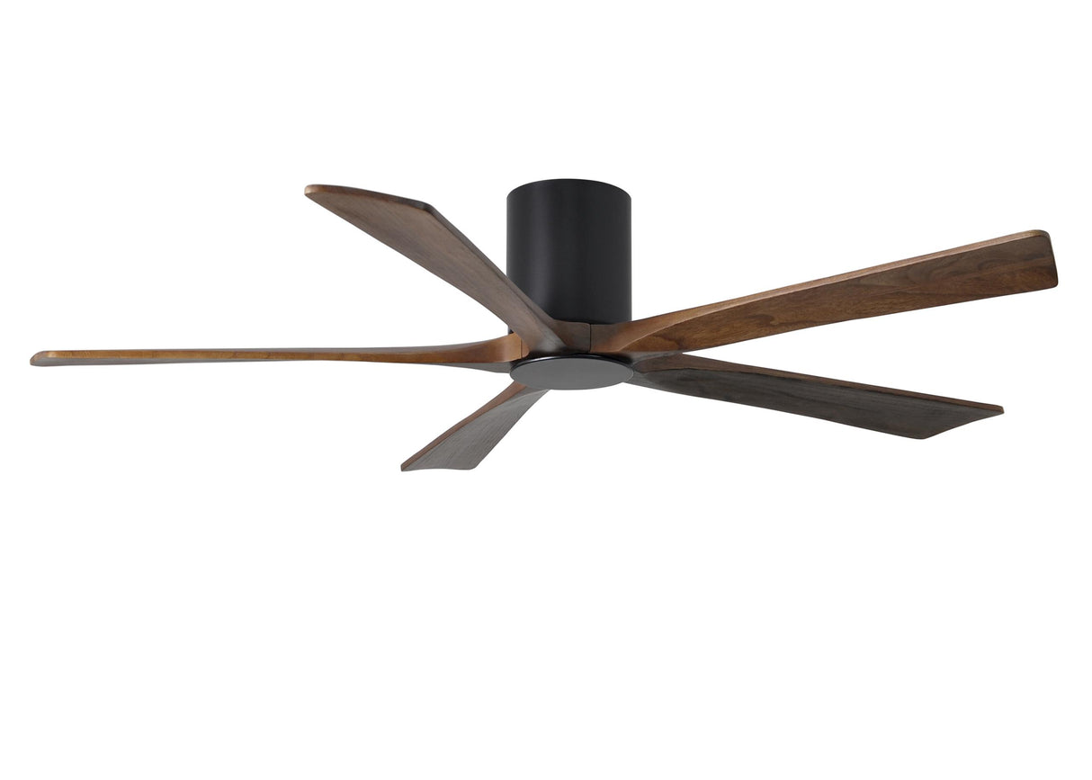 Matthews Fan IR5HLK-BK-WA-60 IR5HLK five-blade flush mount paddle fan in Matte Black finish with 60” solid walnut tone blades and integrated LED light kit.