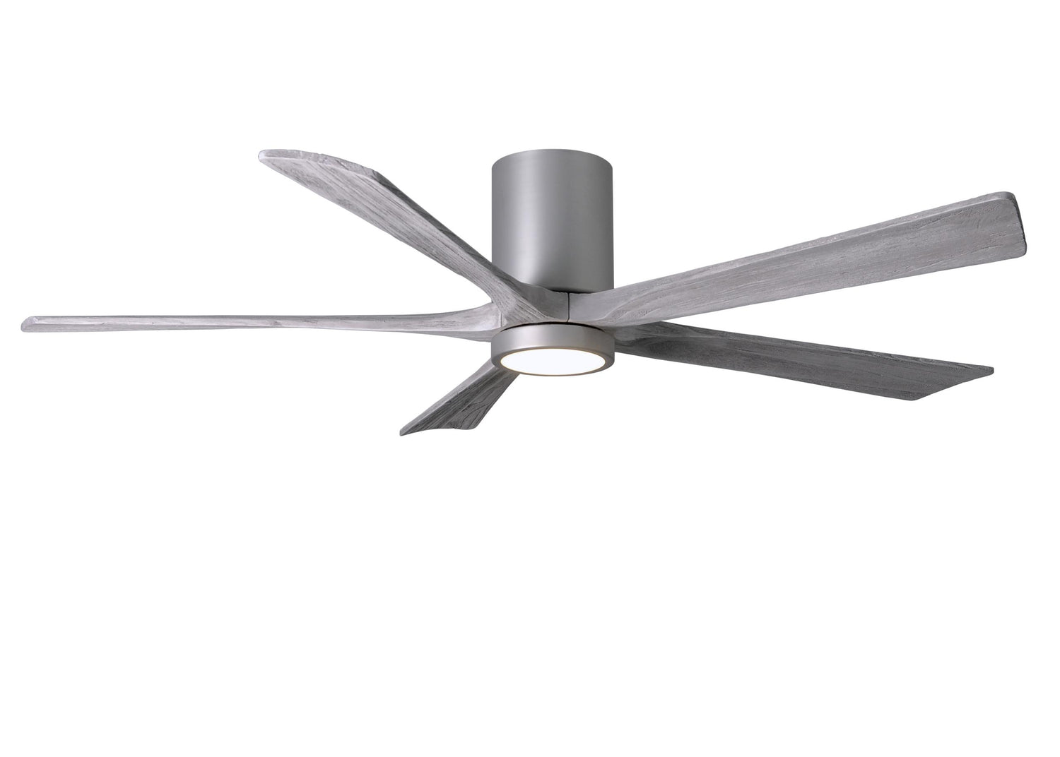 Matthews Fan IR5HLK-BN-BW-60 IR5HLK five-blade flush mount paddle fan in Brushed Nickel finish with 60” solid barn wood tone blades and integrated LED light kit.