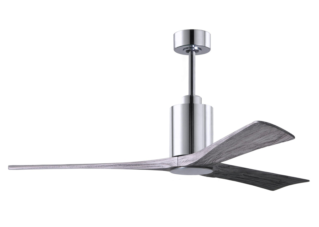 Matthews Fan PA3-CR-BW-60 Patricia-3 three-blade ceiling fan in Polished Chrome finish with 60” solid barn wood tone blades and dimmable LED light kit