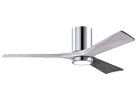 Matthews Fan IR3HLK-CR-BW-52 Irene-3HLK three-blade flush mount paddle fan in Polished Chrome finish with 52” solid barn wood tone blades and integrated LED light kit.