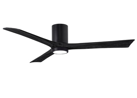 Matthews Fan IR3HLK-BK-BK-60 Irene-3HLK three-blade flush mount paddle fan in Matte Black finish with 60” solid matte black wood blades and integrated LED light kit.