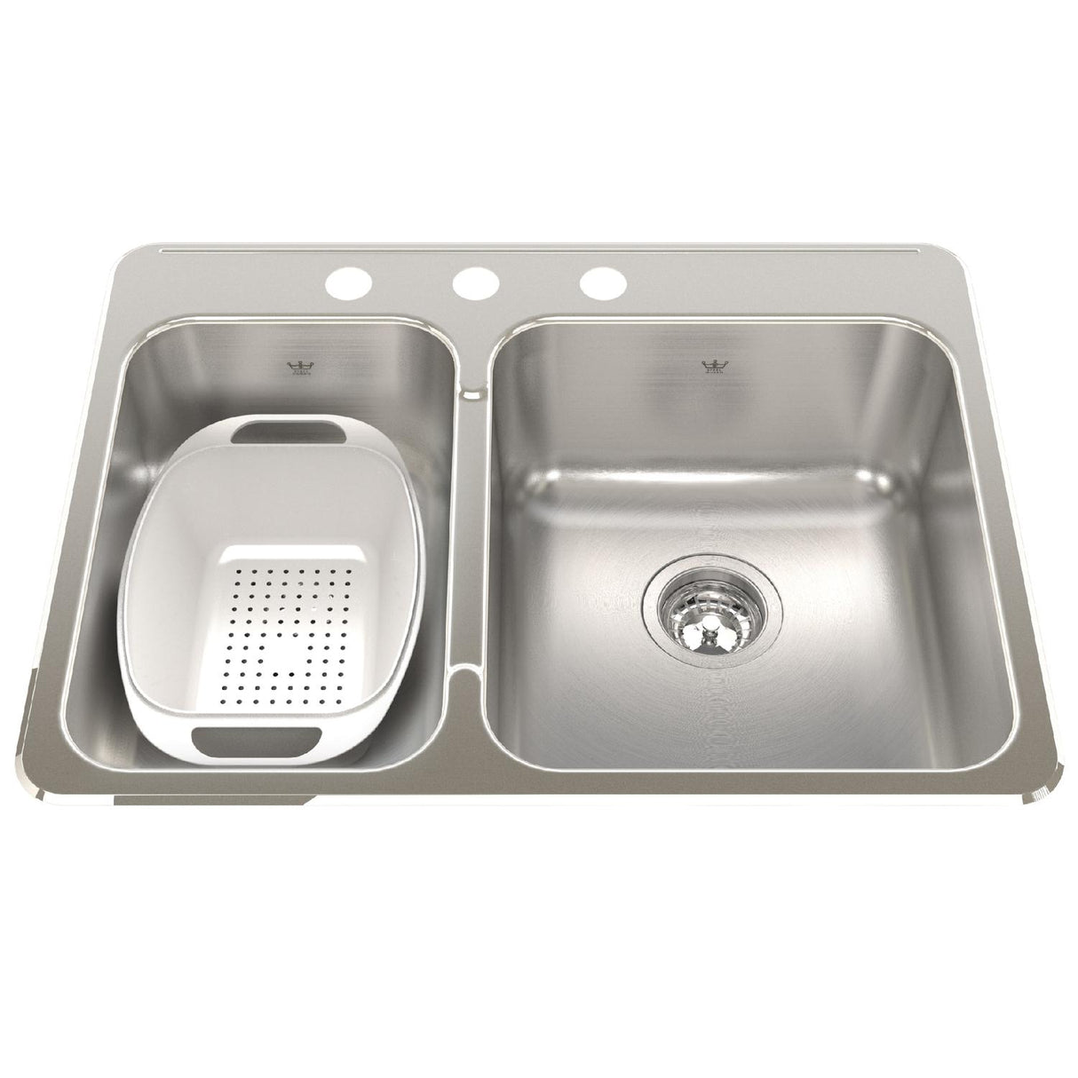 KINDRED QCLA2027L-8-3N Steel Queen 27.25-in LR x 20.56-in FB x 8-in DP Drop In Double Bowl 3-Hole Stainless Steel Kitchen Sink In Satin Finished Bowls with Mirror Finished Rim