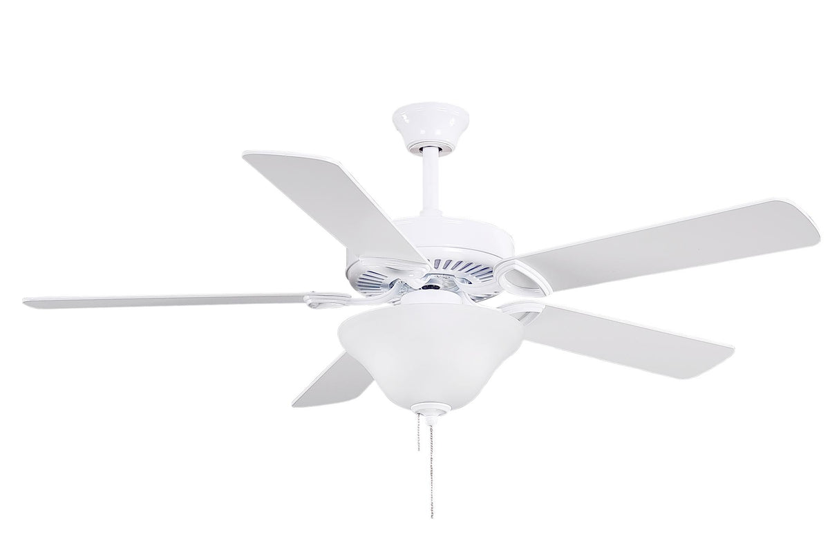 Matthews Fan AM-USA-WH-52-LK America 3-speed ceiling fan in gloss white finish with 52" white blades and light kit (2 x GU24 Socket). Assembled in USA.