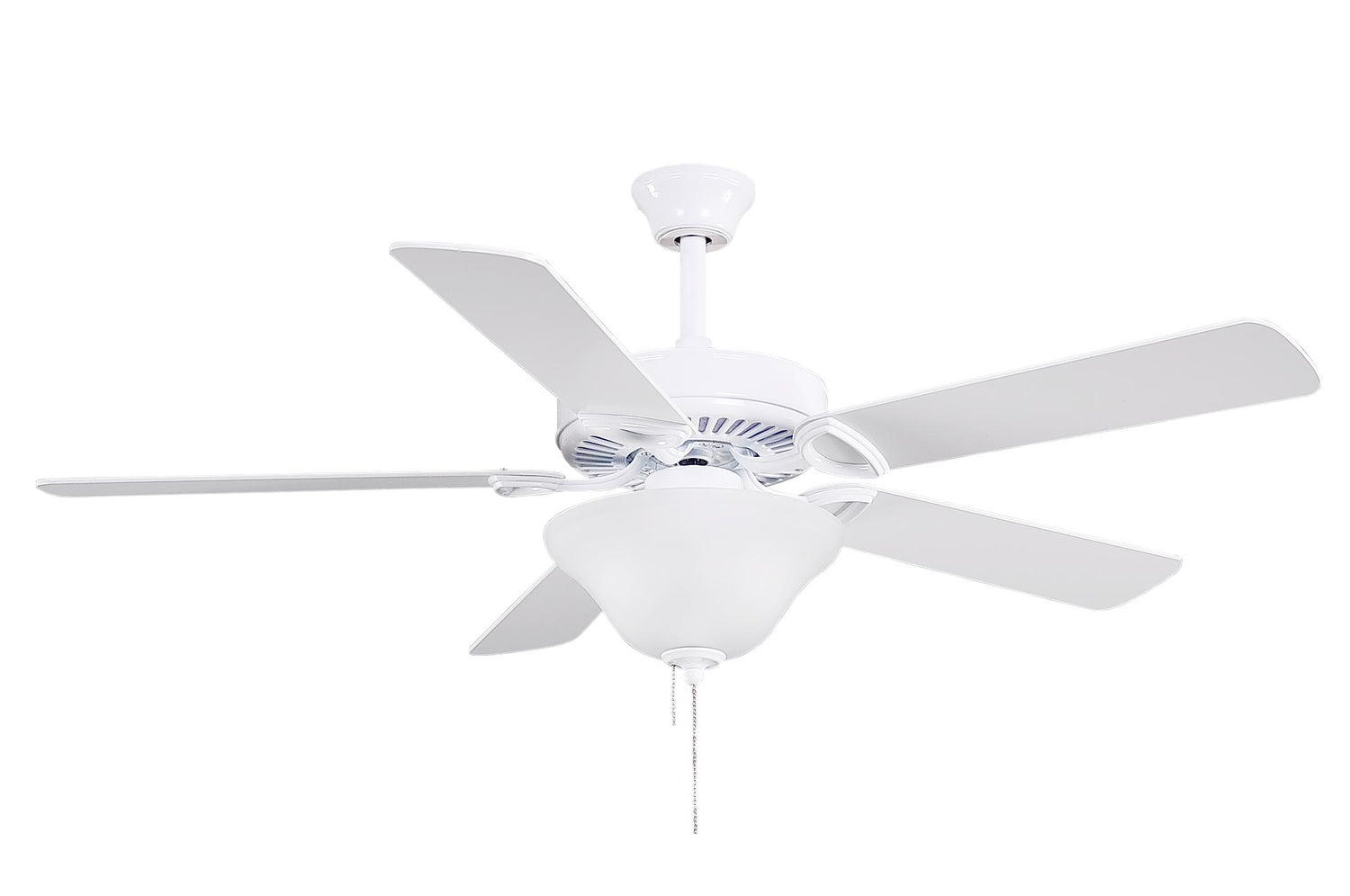 Matthews Fan AM-USA-WH-52-LK America 3-speed ceiling fan in gloss white finish with 52" white blades and light kit (2 x GU24 Socket). Assembled in USA.