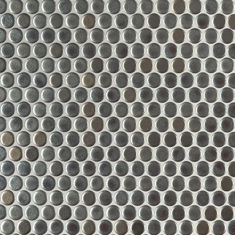 Penny round metallico 11.3X12.2 glossy porcelain mesh mounted mosaic tile SMOT-PT-PENRD-METAL product shot multiple tiles angle view