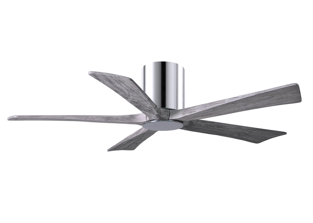 Matthews Fan IR5HLK-CR-BW-52 IR5HLK five-blade flush mount paddle fan in Polished Chrome finish with 52” solid barn wood tone blades and integrated LED light kit.