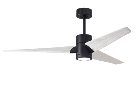 Matthews Fan SJ-BK-MWH-60 Super Janet three-blade ceiling fan in Matte Black finish with 60” solid matte white wood blades and dimmable LED light kit 