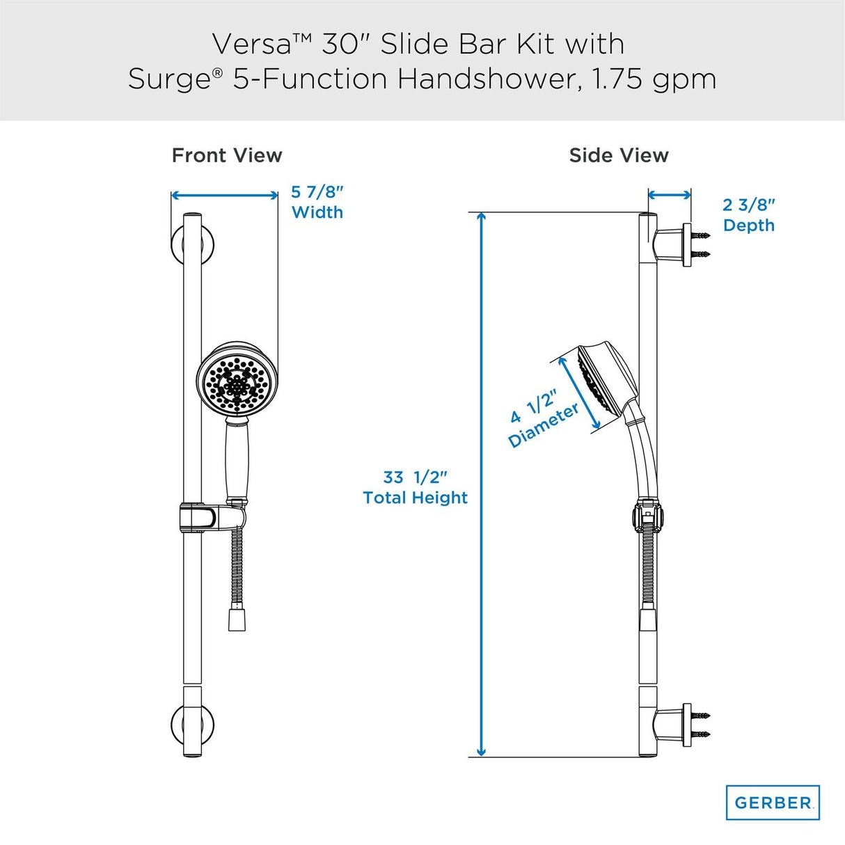 Gerber D461725 Chrome Versa 30" Slide Bar Assembly With Surge 5-function HA...