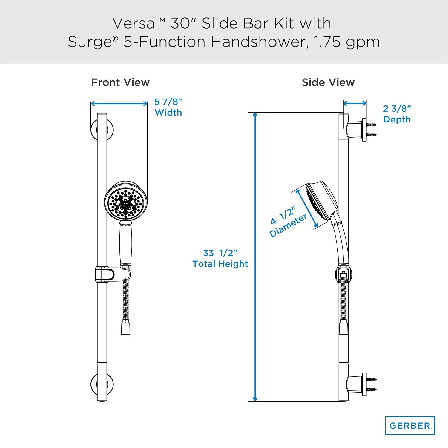 Gerber D461725 Chrome Versa 30" Slide Bar Assembly With Surge 5-function HA...