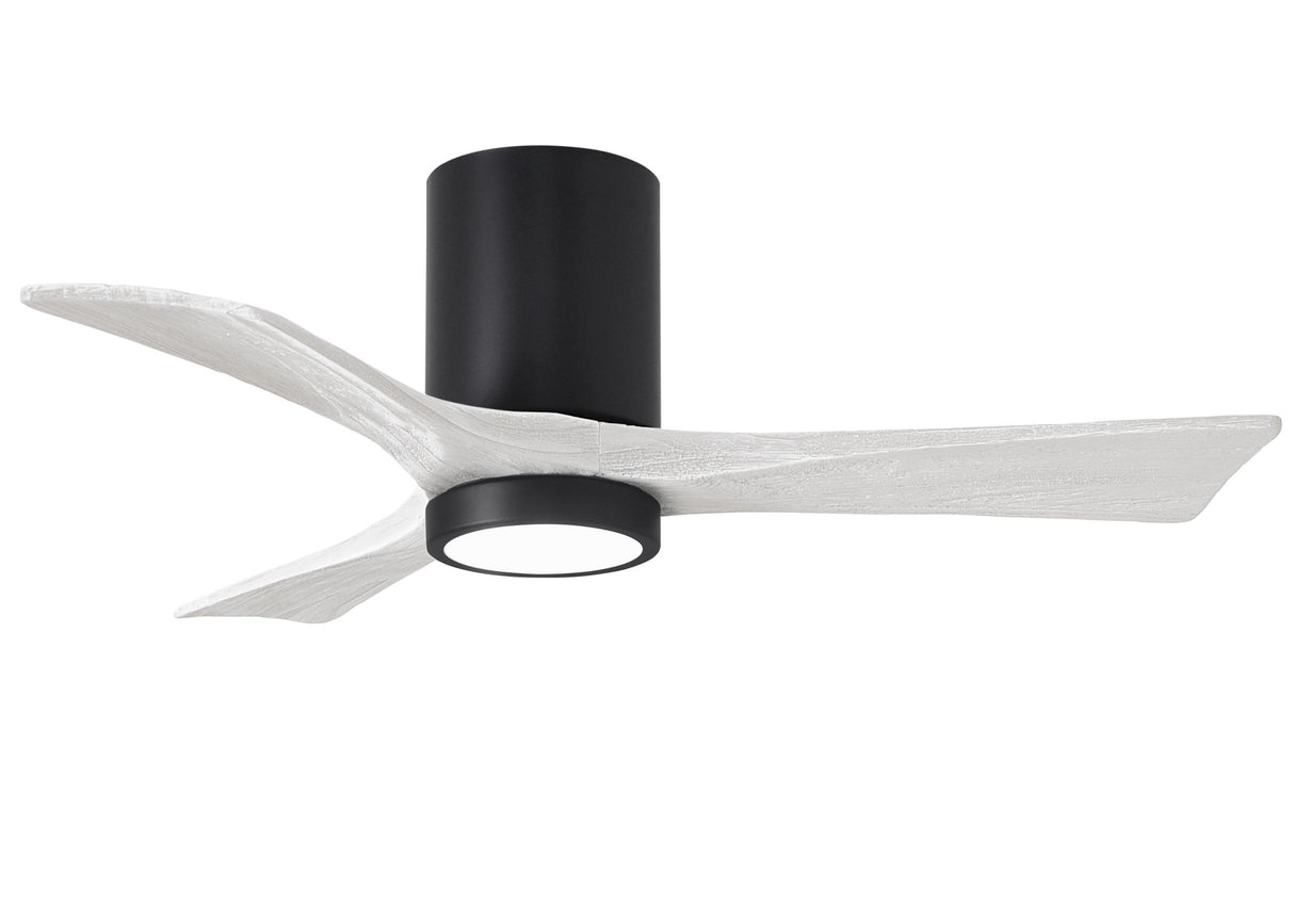 Matthews Fan IR3HLK-BK-MWH-42 Irene-3HLK three-blade flush mount paddle fan in Matte Black finish with 42” solid matte white wood blades and integrated LED light kit.