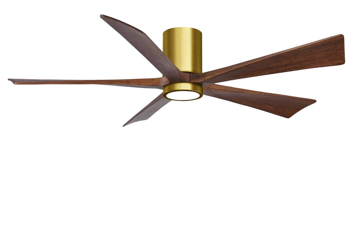 Matthews Fan IR5HLK-BRBR-WA-60 IR5HLK five-blade flush mount paddle fan in Brushed Brass finish with 60” solid matte white wood blades and integrated LED light kit.