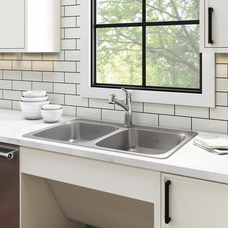 KINDRED RDLA3322-55-1N Reginox 33.38-in LR x 22-in FB x 5.5-in DP Drop In Double Bowl 1-Hole Stainless Steel Kitchen Sink In Satin Finish