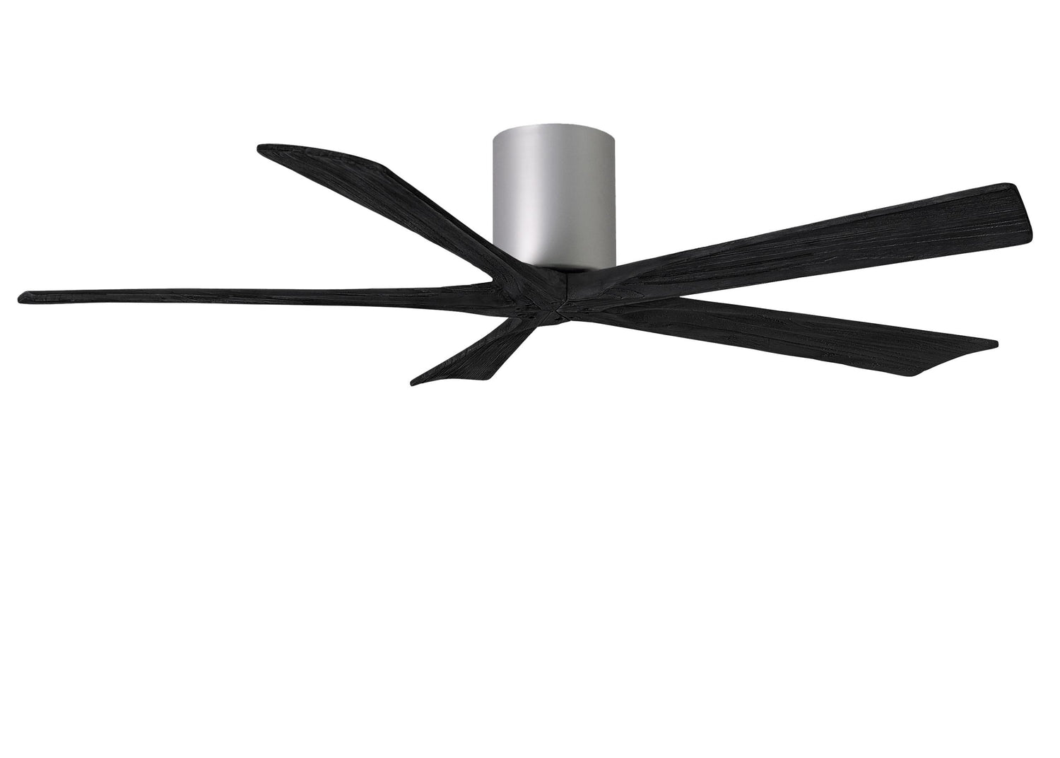 Matthews Fan IR5H-BN-BK-60 Irene-5H five-blade flush mount paddle fan in Brushed Nickel finish with 60” solid matte black wood blades.