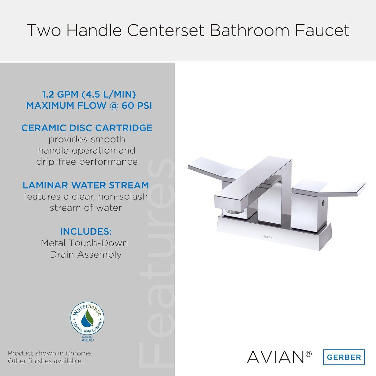 Gerber D307019 Chrome Avian Two Handle Centerset Lavatory Faucet