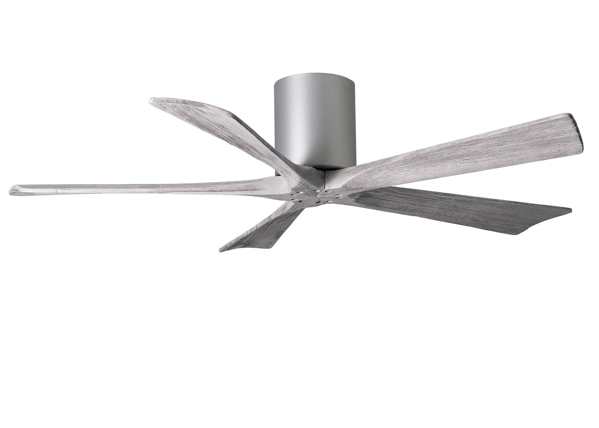 Matthews Fan IR5H-BN-BW-52 Irene-5H five-blade flush mount paddle fan in Brushed Nickel finish with 52” solid barn wood tone blades.