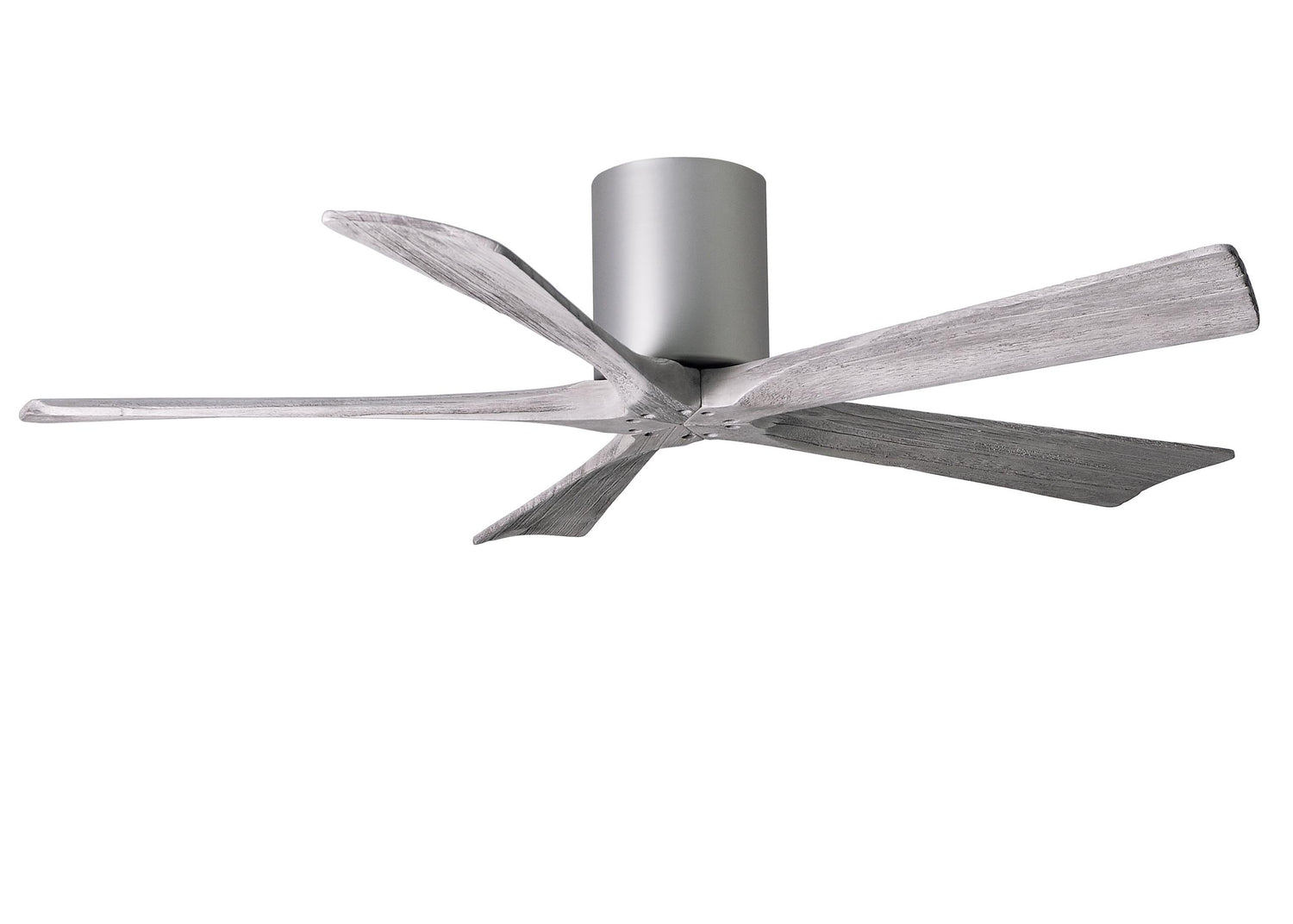 Matthews Fan IR5H-BN-BW-52 Irene-5H five-blade flush mount paddle fan in Brushed Nickel finish with 52” solid barn wood tone blades.