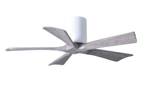 Matthews Fan IR5H-WH-BW-42 Irene-5H five-blade flush mount paddle fan in Gloss White finish with 42” solid barn wood tone blades. 