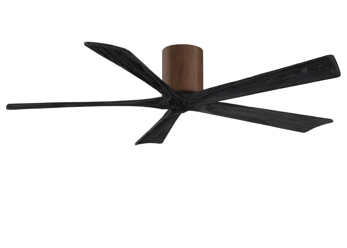 Matthews Fan IR5H-WN-BK-60 Irene-5H five-blade flush mount paddle fan in Walnut finish with 60” solid matte black wood blades. 