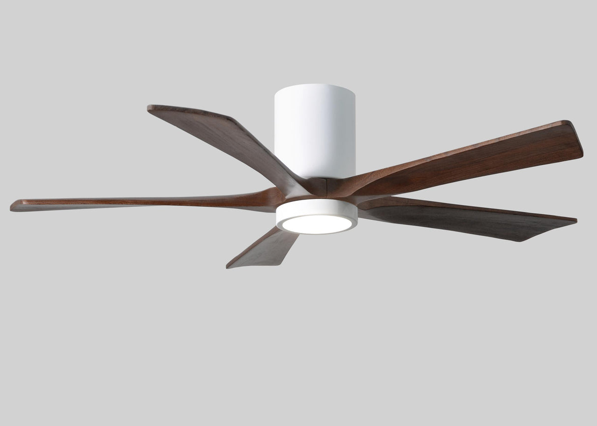 Matthews Fan IR5HLK-WH-WA-52 IR5HLK five-blade flush mount paddle fan in Gloss White finish with 52” solid walnut tone blades and integrated LED light kit.