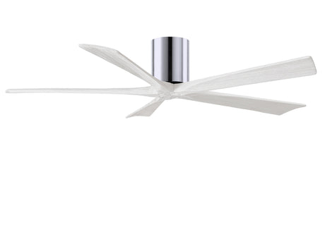 Matthews Fan IR5H-CR-MWH-60 Irene-5H five-blade flush mount paddle fan in Polished Chrome finish with 60” solid matte white wood blades. 
