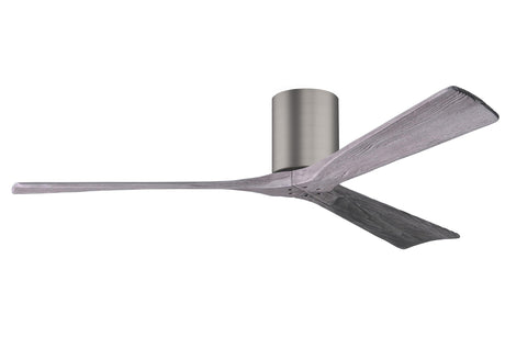 Matthews Fan IR3H-BP-BW-60 Irene-3H three-blade flush mount paddle fan in Brushed Pewter finish with 60” solid barn wood tone blades. 