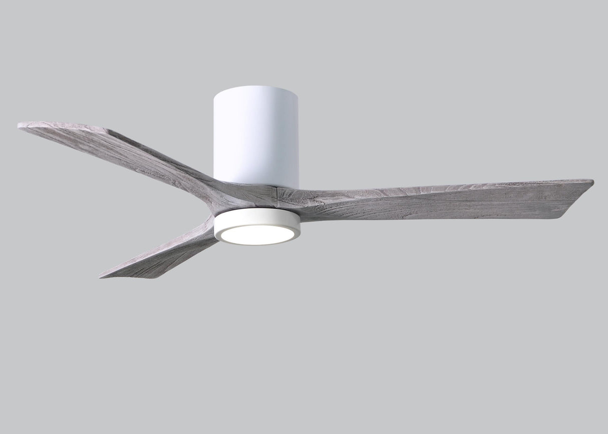 Matthews Fan IR3HLK-WH-BW-52 Irene-3HLK three-blade flush mount paddle fan in Gloss White finish with 52” solid barn wood tone blades and integrated LED light kit.