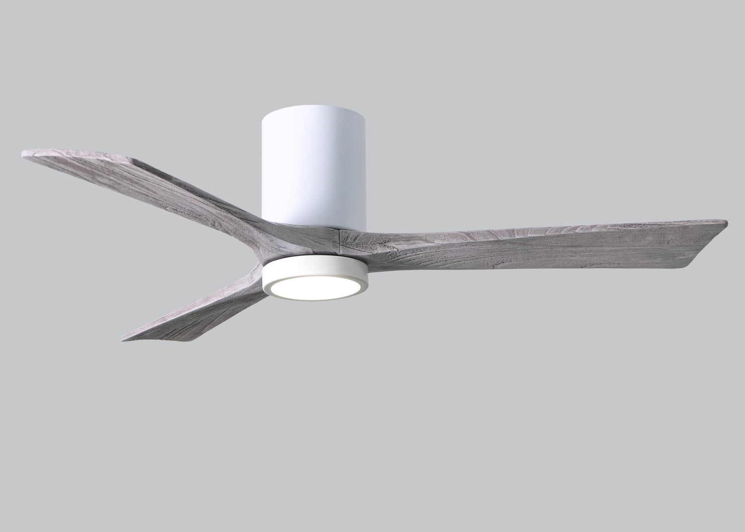 Matthews Fan IR3HLK-WH-BW-52 Irene-3HLK three-blade flush mount paddle fan in Gloss White finish with 52” solid barn wood tone blades and integrated LED light kit.