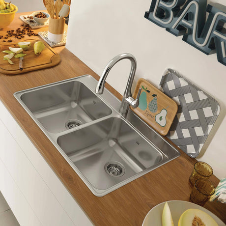 KINDRED CDLA3322-8-1CBN Creemore 33-in LR x 22-in FB x 8-in DP Drop In Double Bowl 1-Hole Stainless Steel Kitchen Sink In Commercial Satin Finish