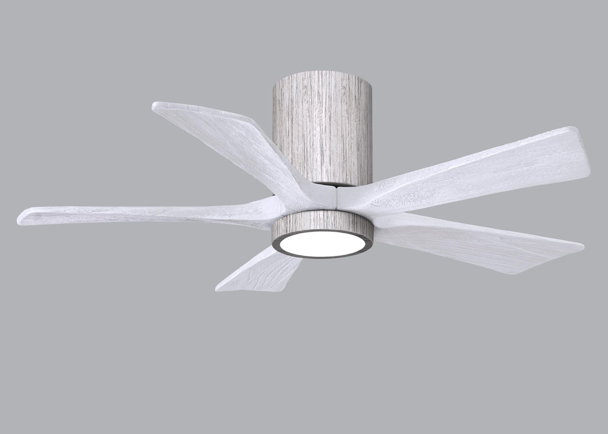 Matthews Fan IR5HLK-BW-MWH-42 IR5HLK five-blade flush mount paddle fan in Barn Wood finish with 42” solid matte white wood blades and integrated LED light kit.
