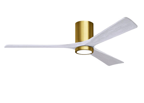 Matthews Fan IR3HLK-BRBR-MWH-60 Irene-3HLK three-blade flush mount paddle fan in Brushed Brass finish with 60” solid matte white wood blades and integrated LED light kit.