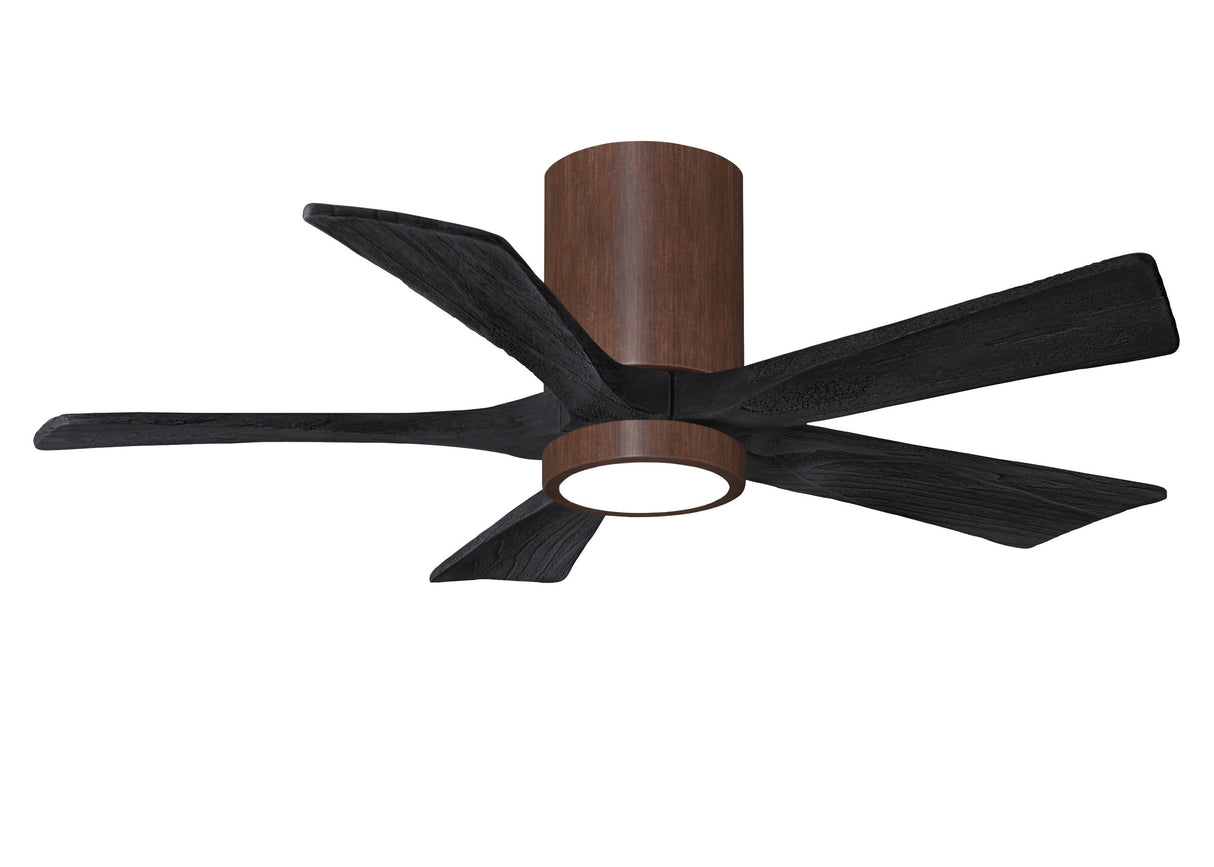 Matthews Fan IR5HLK-WN-BK-42 IR5HLK five-blade flush mount paddle fan in Walnut finish with 42” solid matte black wood blades and integrated LED light kit.