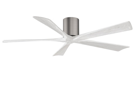 Matthews Fan IR5H-BP-MWH-60 Irene-5H five-blade flush mount paddle fan in Brushed Pewter finish with 60” solid matte white wood blades. 