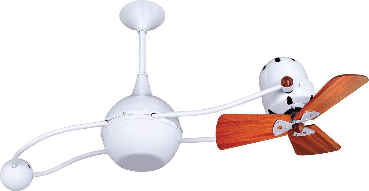 Matthews Fan B2K-WH-WD Brisa 360° counterweight rotational ceiling fan in Gloss White finish with solid sustainable mahogany wood blades.