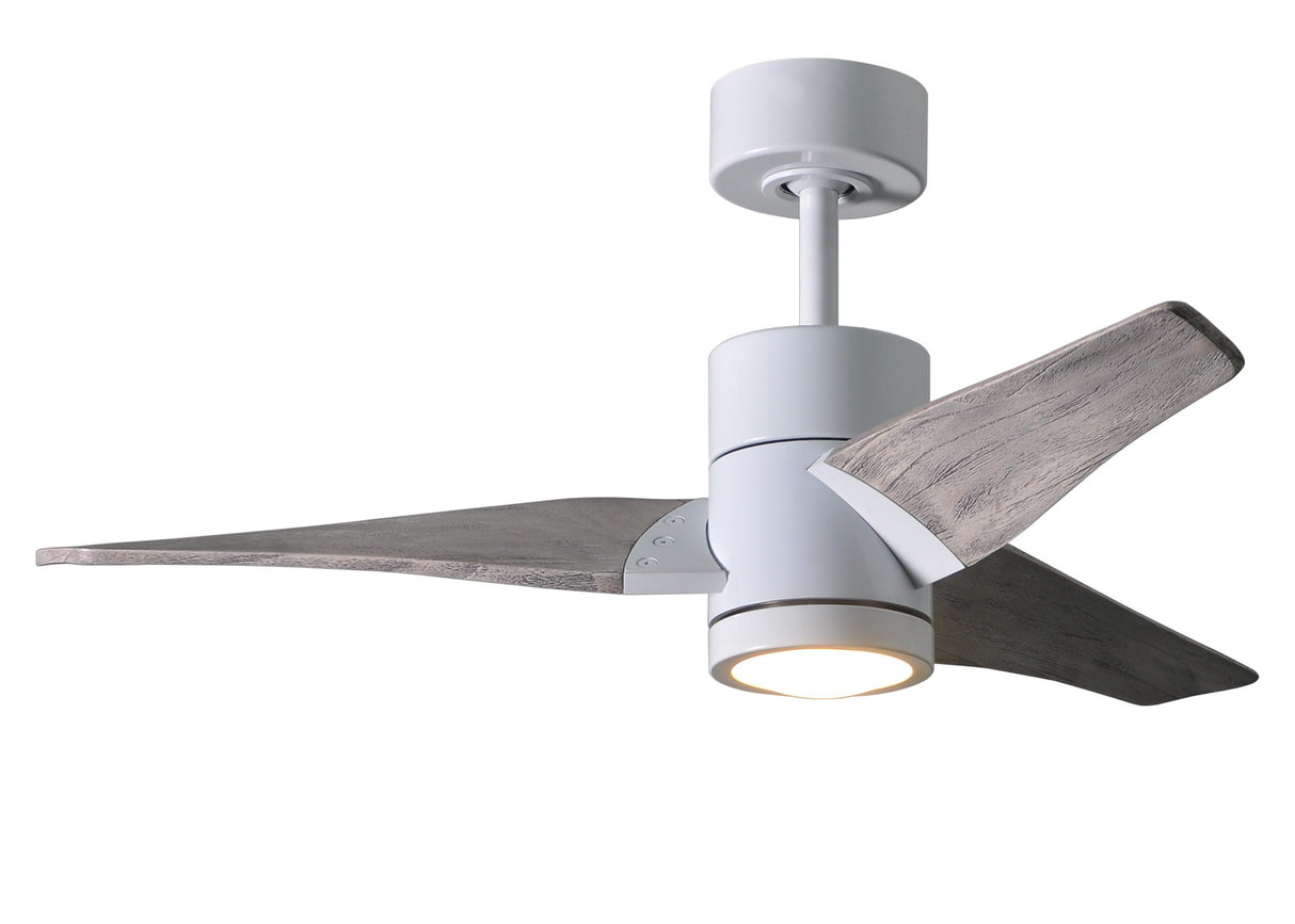 Matthews Fan SJ-WH-BW-42 Super Janet three-blade ceiling fan in Gloss White finish with 42” solid barn wood tone blades and dimmable LED light kit