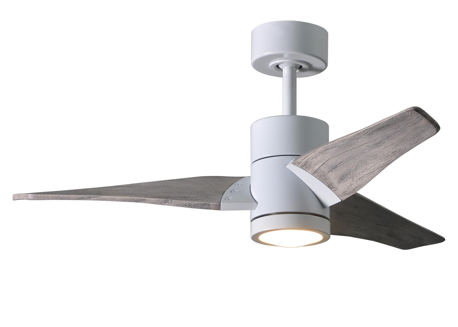 Matthews Fan SJ-WH-BW-42 Super Janet three-blade ceiling fan in Gloss White finish with 42” solid barn wood tone blades and dimmable LED light kit