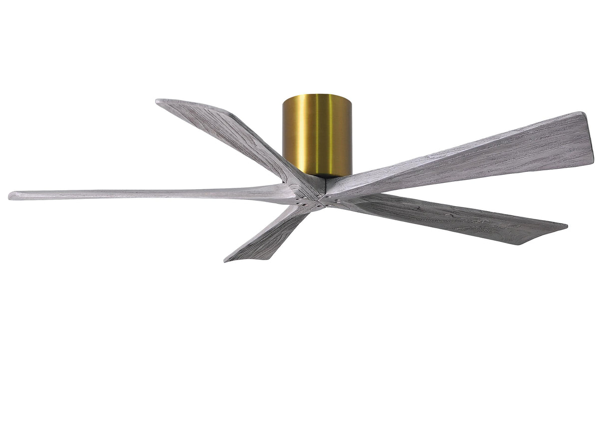 Matthews Fan IR5H-BRBR-BW-60 Irene-5H five-blade flush mount paddle fan in Brushed Brass finish with 60” solid barn wood tone blades.